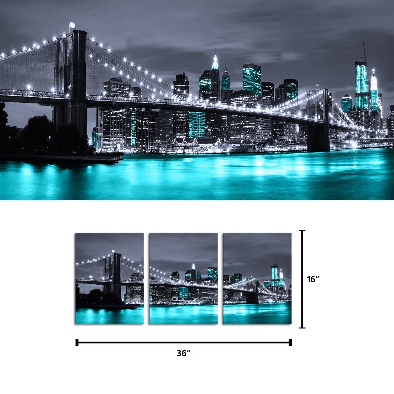 Visual Art Decor Black White and Teal Blue New York Brooklyn Bridge Cityscape Night Building Skyline Picture Canvas Prints Wall Art for Modern Home Office Bedroom Decoration - Image 4